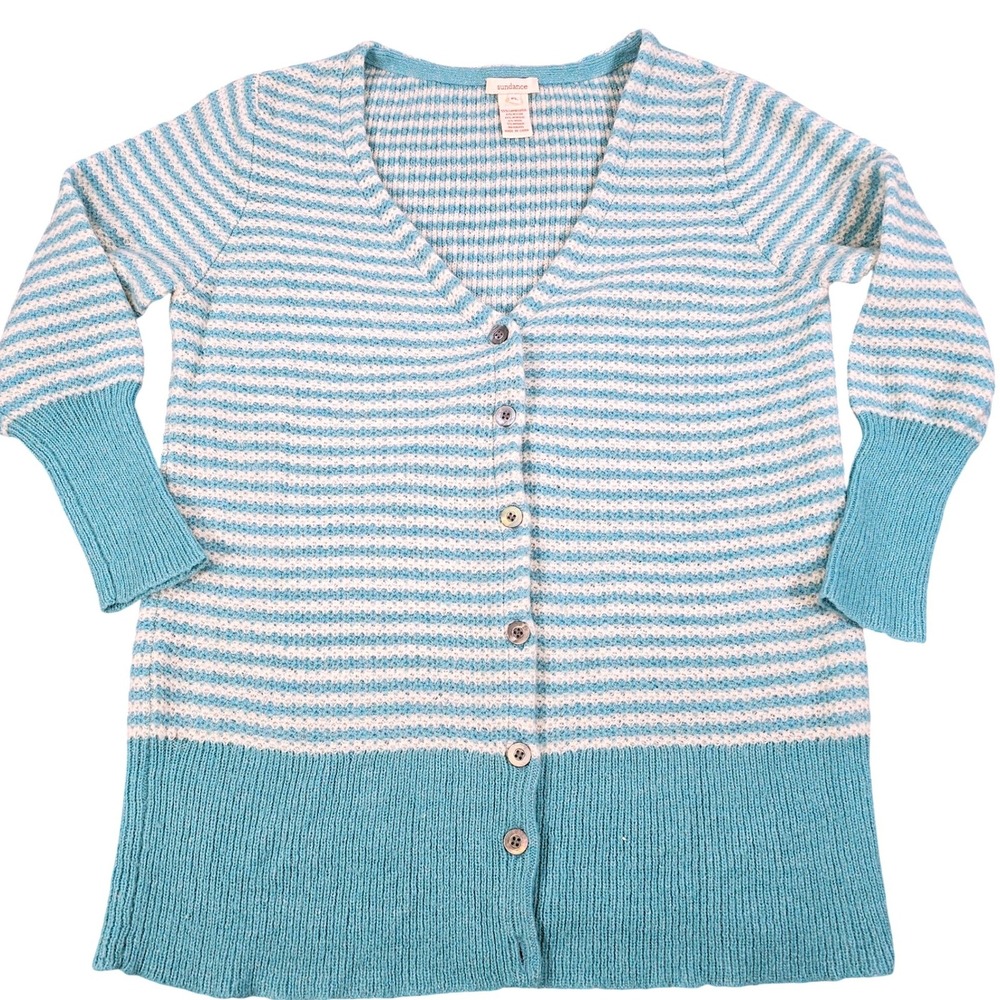 Sundance Striped Lambswool Blend V-Neck Cardigan Sweater Turquoise White PL